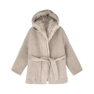 Pre Order:  Hooded Fur Wool Belted Coat