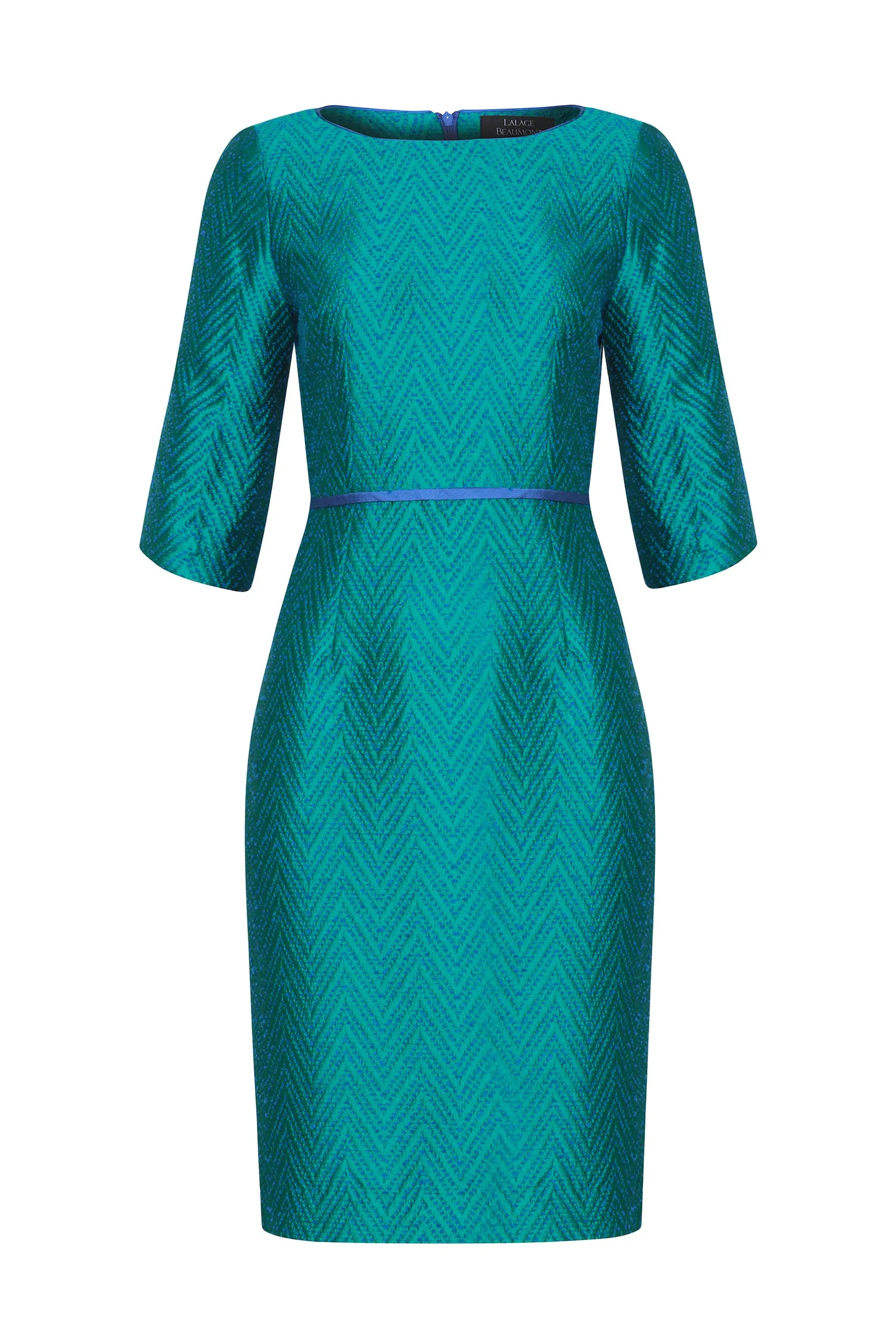 3/4 Sleeve Shift Dress in Emerald/Blue Herringbone - Angela