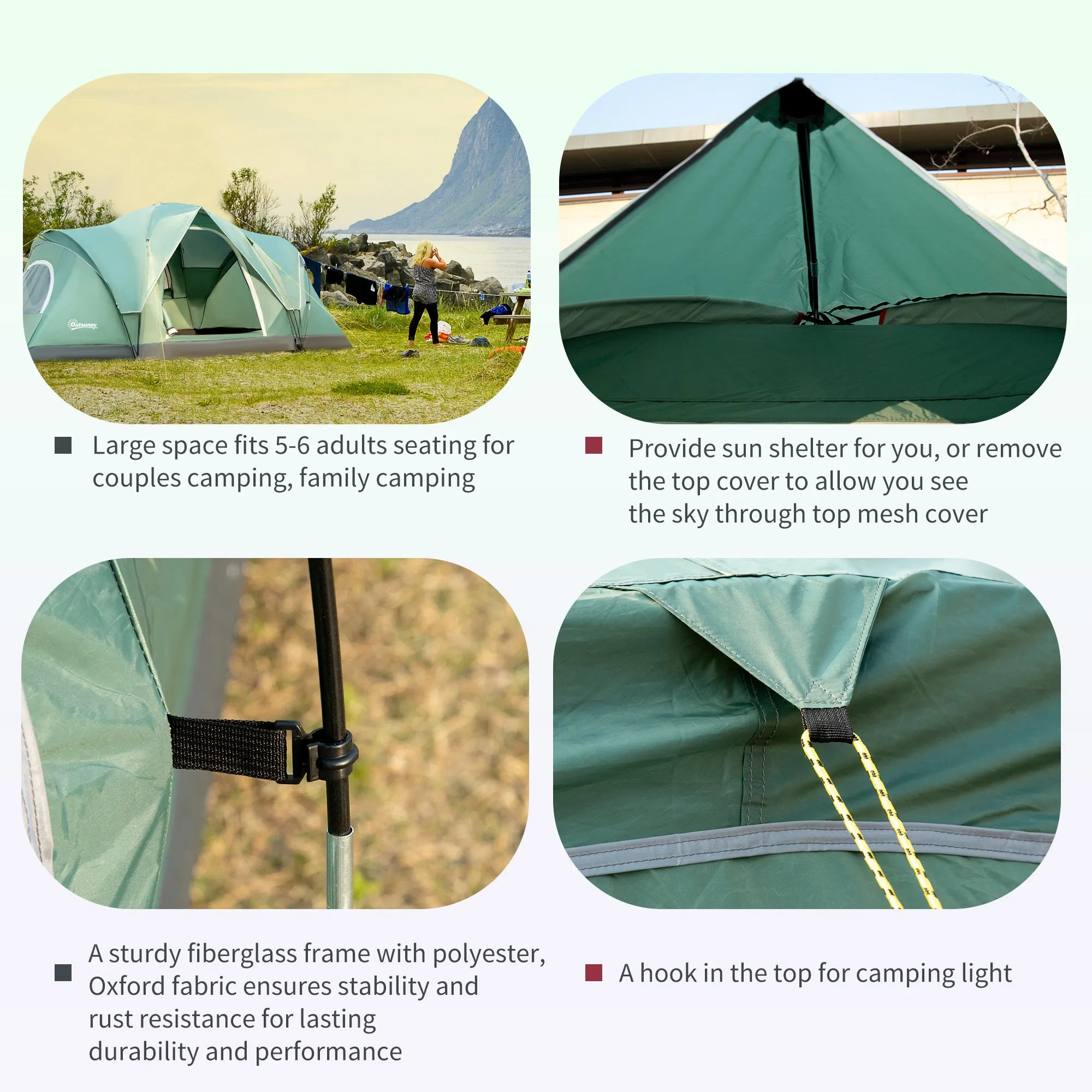 5-6 Man Dome Camping Tent Hiking Shelter UV Protection 3000mm Water Resistant Tunnel Tent - Green