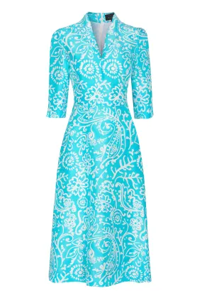 A-Line Dress in Turquoise/White Printed Silk Shauntung - Naomi