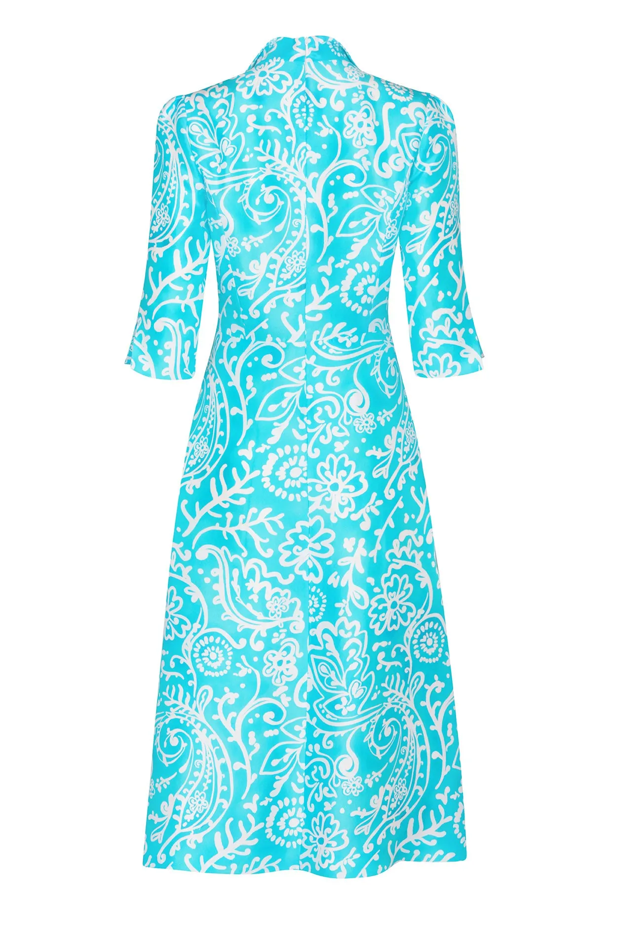 A-Line Dress in Turquoise/White Printed Silk Shauntung - Naomi