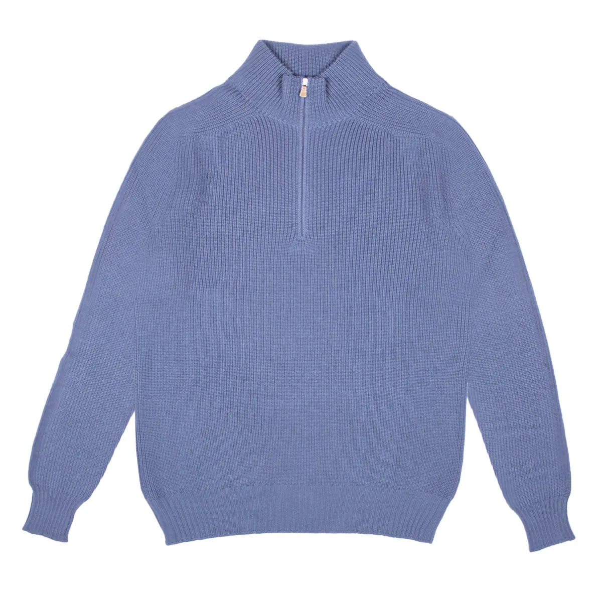 Airforce Blue Rain Wool Ribbed Zip-Neck Sweater