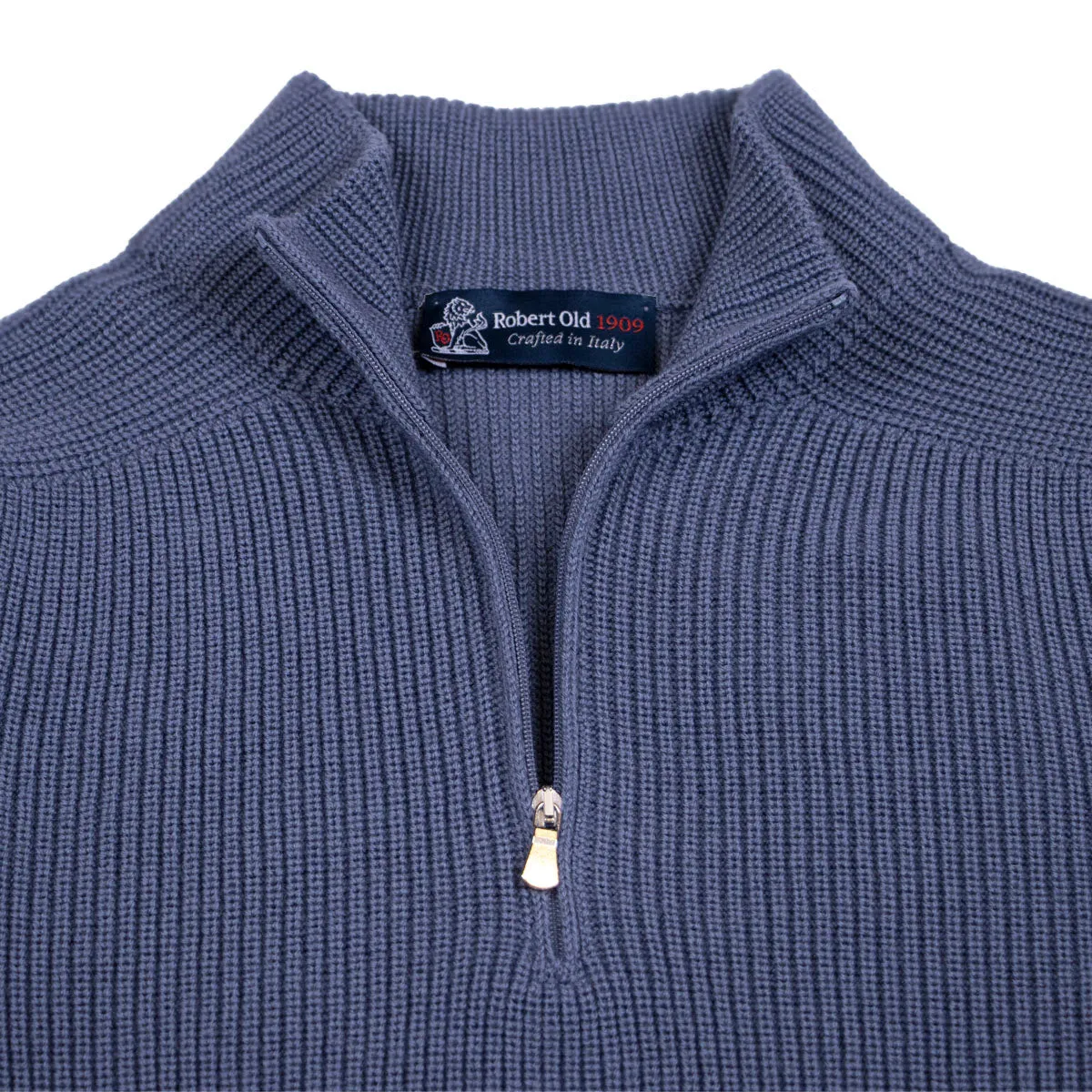 Airforce Blue Rain Wool Ribbed Zip-Neck Sweater