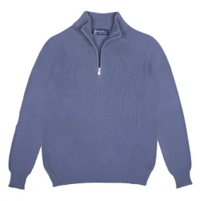 Airforce Blue Rain Wool Ribbed Zip-Neck Sweater