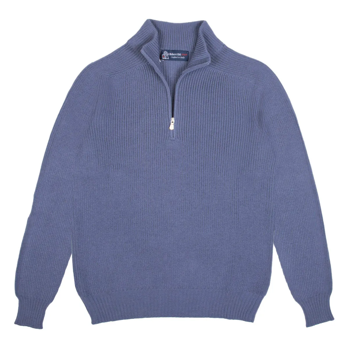 Airforce Blue Rain Wool Ribbed Zip-Neck Sweater