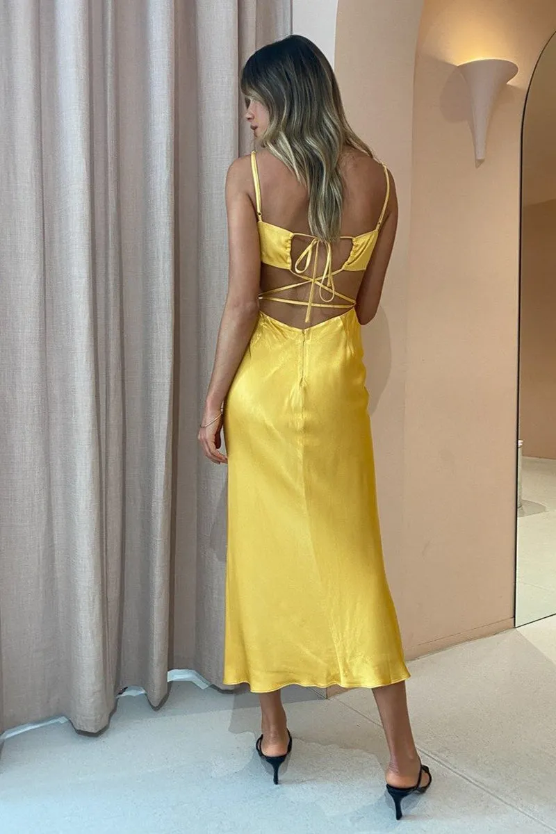 Alma Backless Midi Dress in Saffron Yellow