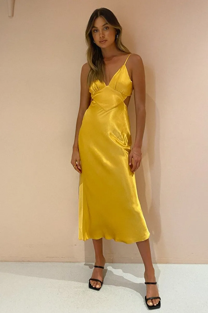 Alma Backless Midi Dress in Saffron Yellow