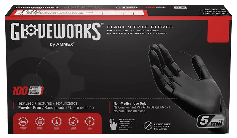 Ammex GlovePlus Black Nitrile Industrial Powder-Free 5 Mil Disposable Gloves (100 Pack) (1")