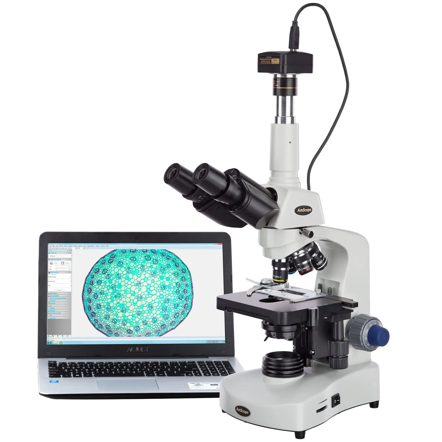 AmScope T340 Series Trinocular Compound Microscope 40X-2000X Magnification with 3W LED, 3D Mechanical Stage and 5MP USB 2.0 C-mount Camera