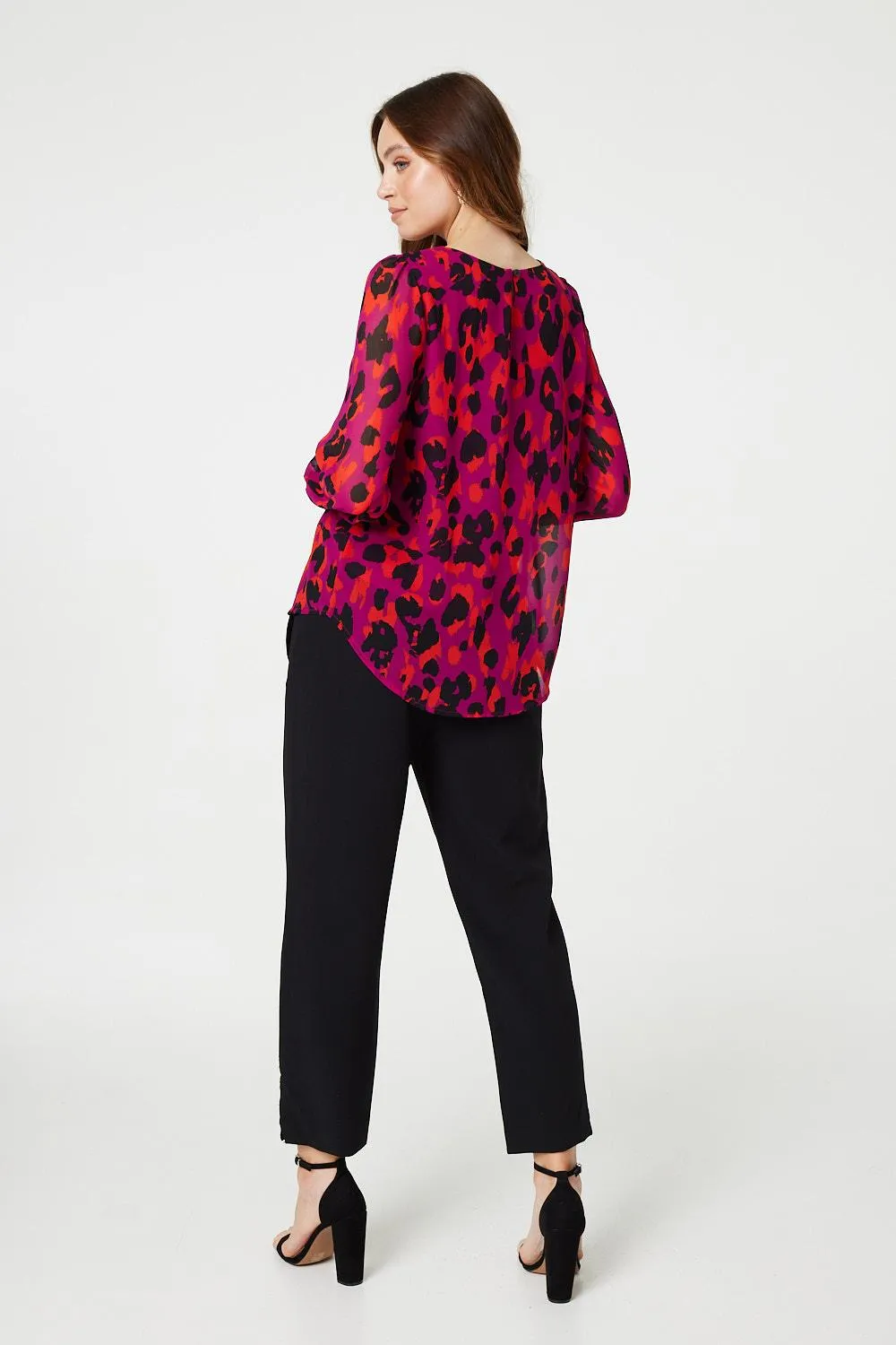 Animal Print Long Sleeve Ruched Blouse