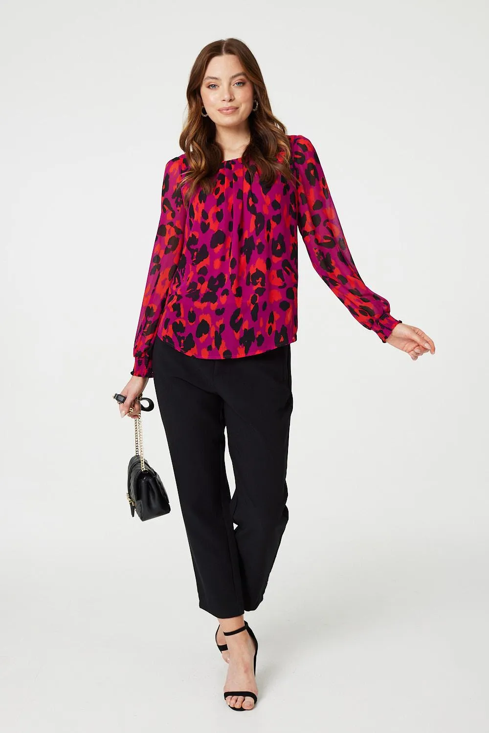 Animal Print Long Sleeve Ruched Blouse