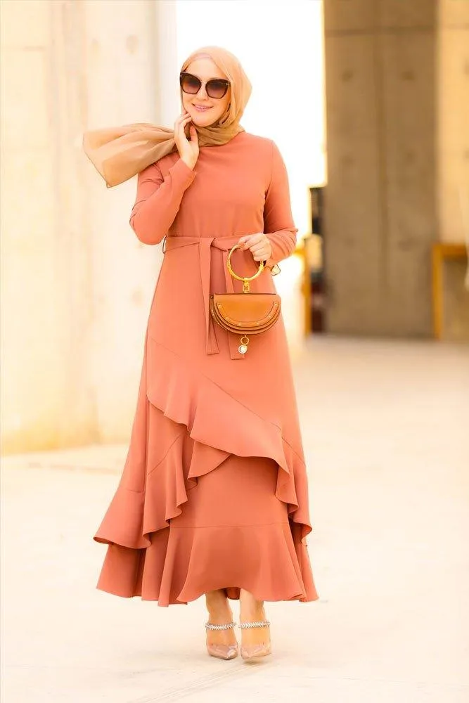 Anisa Elegant Coffee Frill Detail Dress with Belt