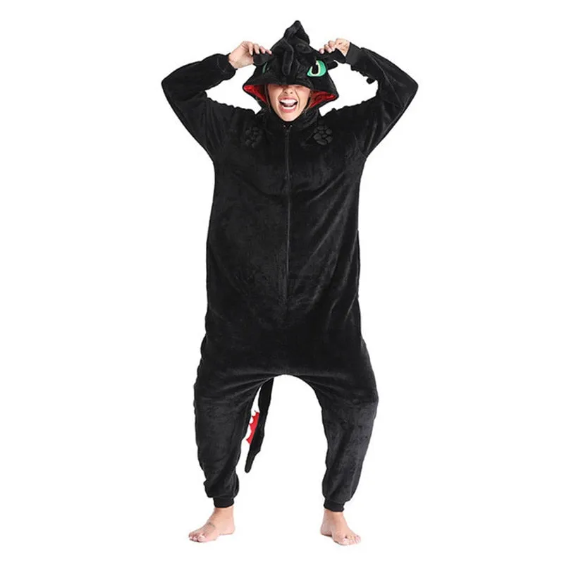 Arrival How to Train Toothless Dragon Onesies Animal Winter Flannel Pajamas Adult Halloween Party Costume Jumpsuit