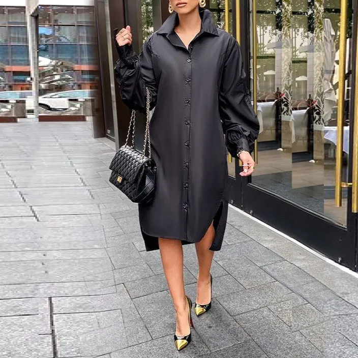 Asymmetrical Lantern Sleeve Loose Single Button Shirt Dress