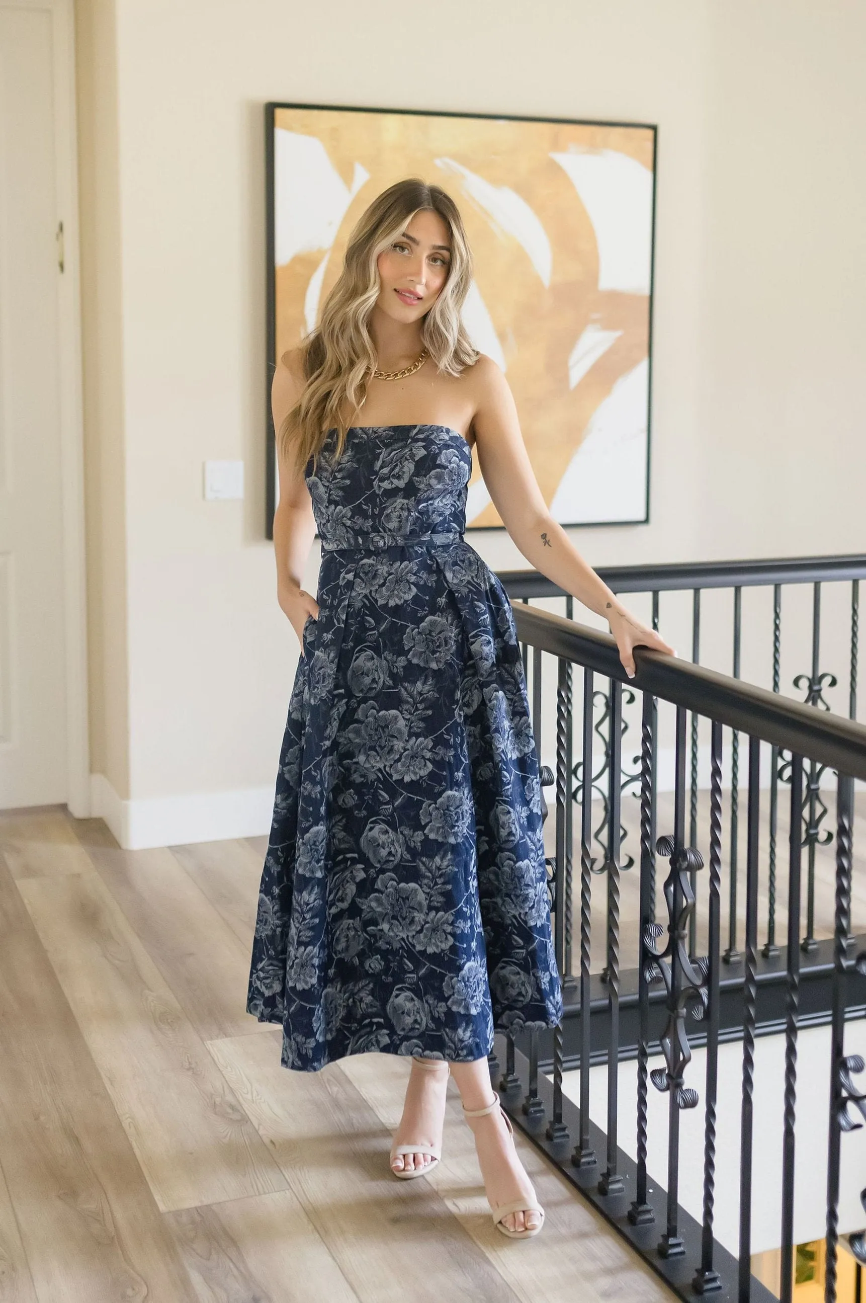 Aurora Sleeveless Floral Print Belted Denim Midi Dress Blue