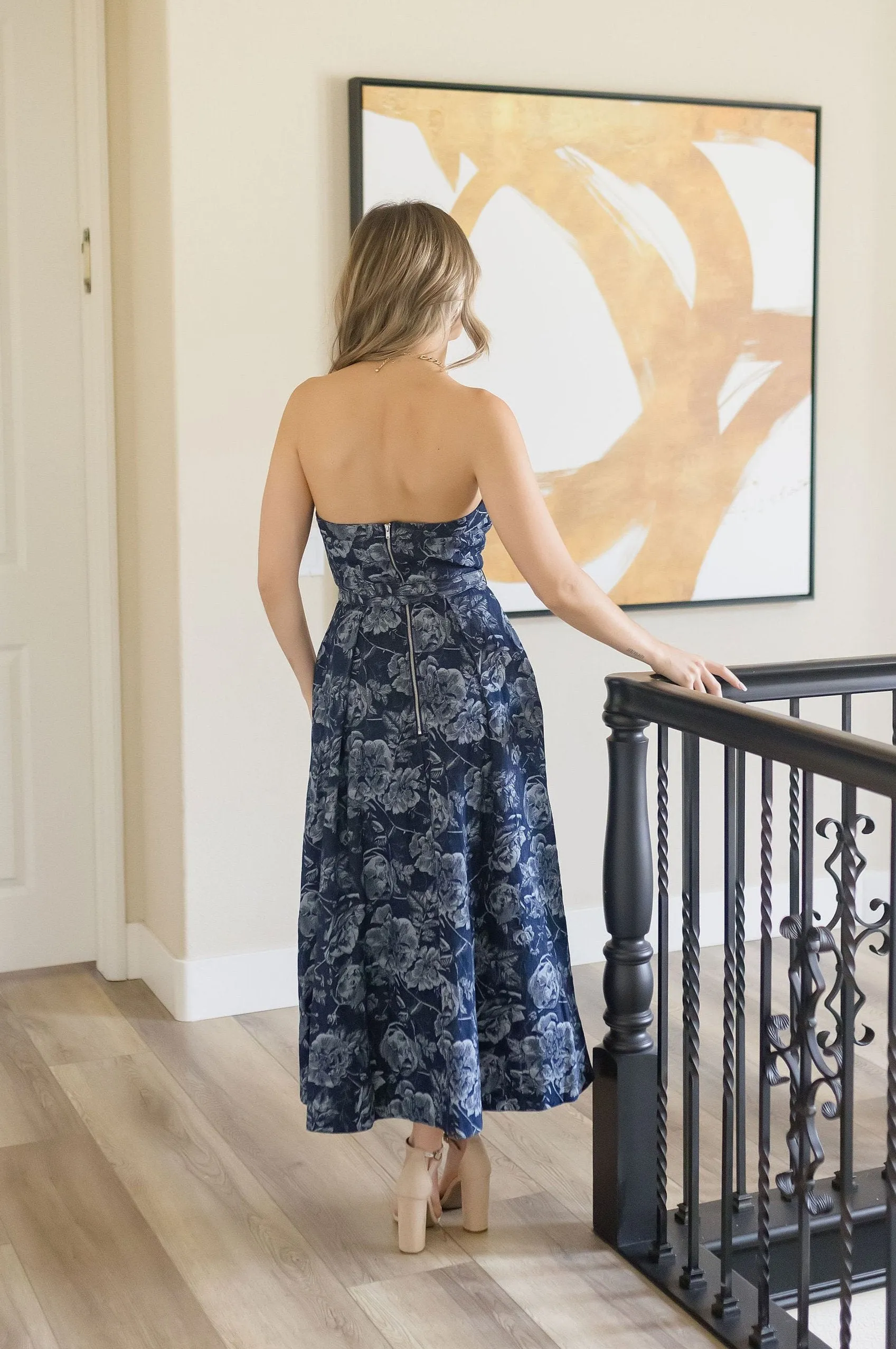 Aurora Sleeveless Floral Print Belted Denim Midi Dress Blue