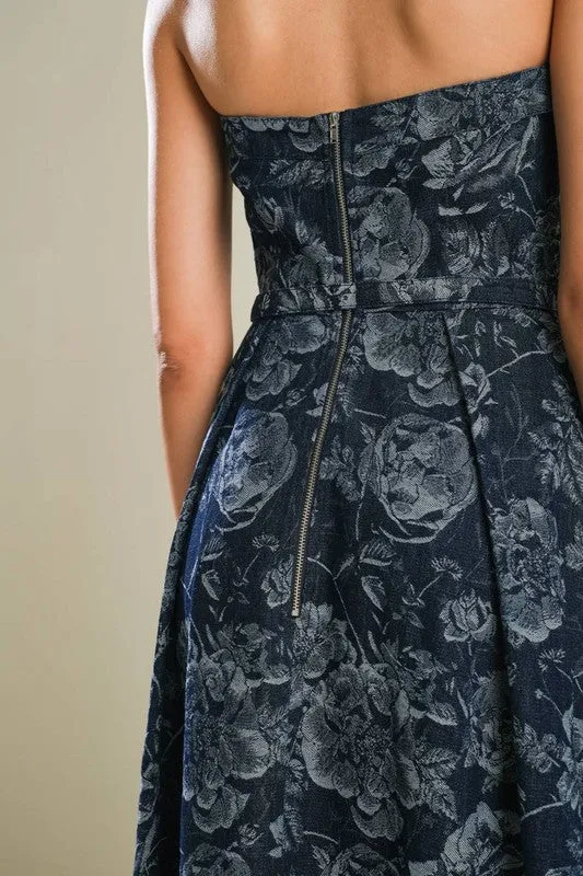 Aurora Sleeveless Floral Print Belted Denim Midi Dress Blue