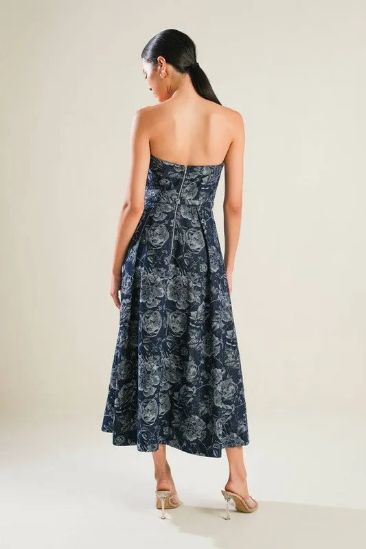 Aurora Sleeveless Floral Print Belted Denim Midi Dress Blue