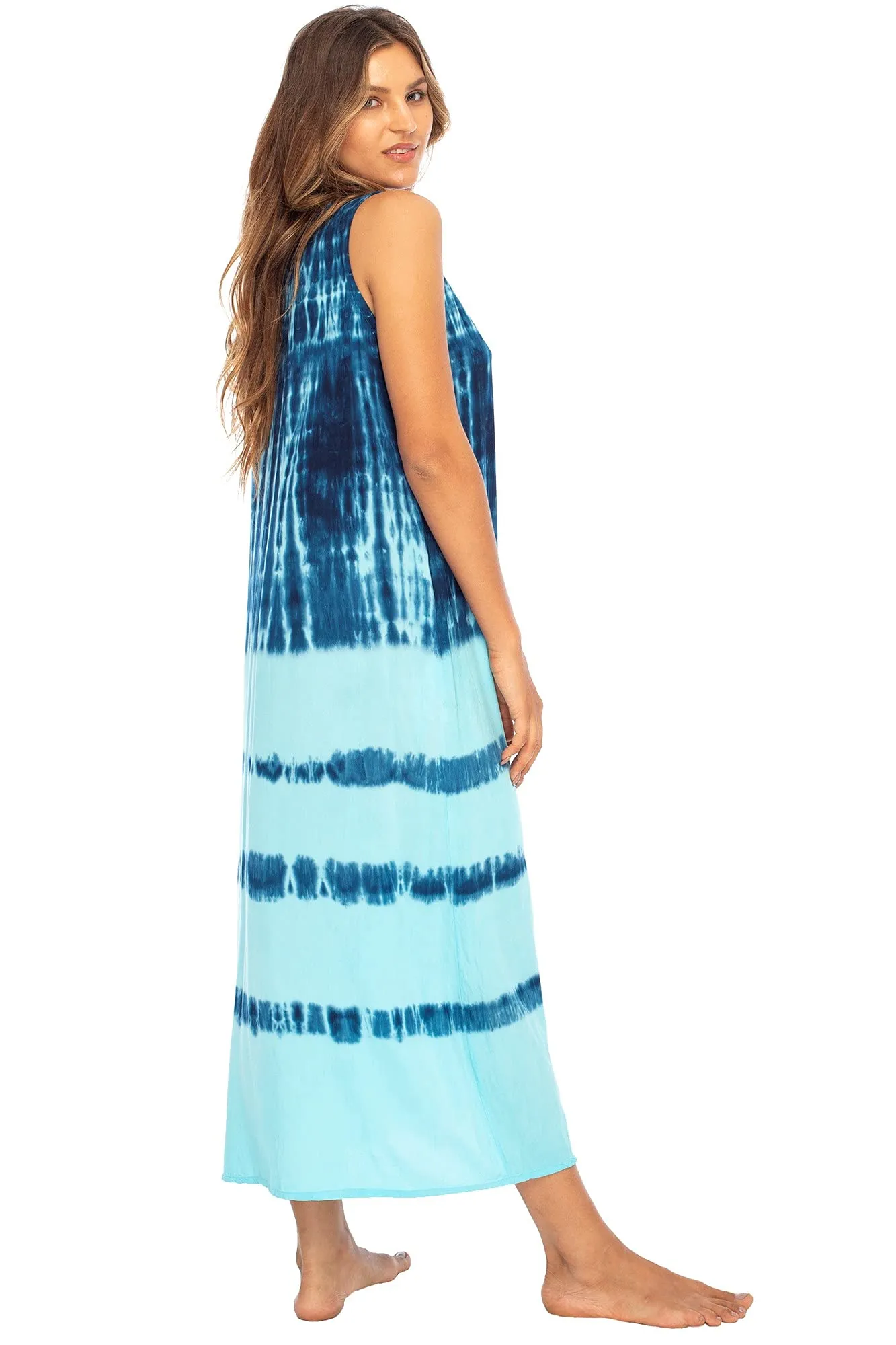 Back From Bali Womens Long Tie Dye Maxi Dress Swimsuit Cover Up Loose Boho Sleeveless Casual Beach Sundress with Pockets