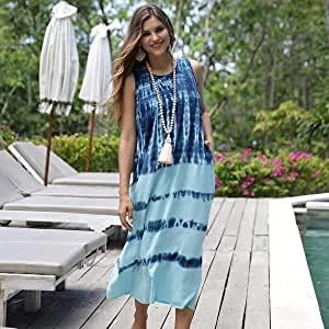 Back From Bali Womens Long Tie Dye Maxi Dress Swimsuit Cover Up Loose Boho Sleeveless Casual Beach Sundress with Pockets