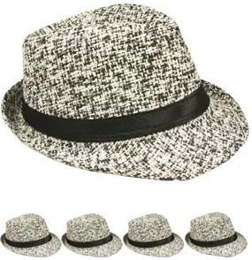 black & white twill pattern fedora hat with black band Case of 72