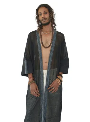 Black Organic Cotton Mesh Long Kimono