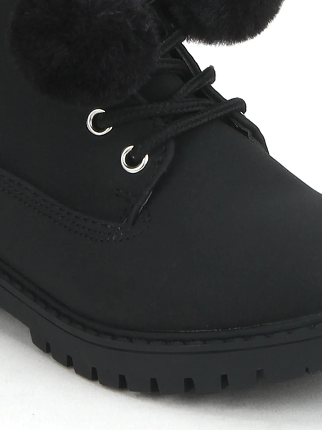 Black Pu Pom Pom Lace-Up Ankle Boots