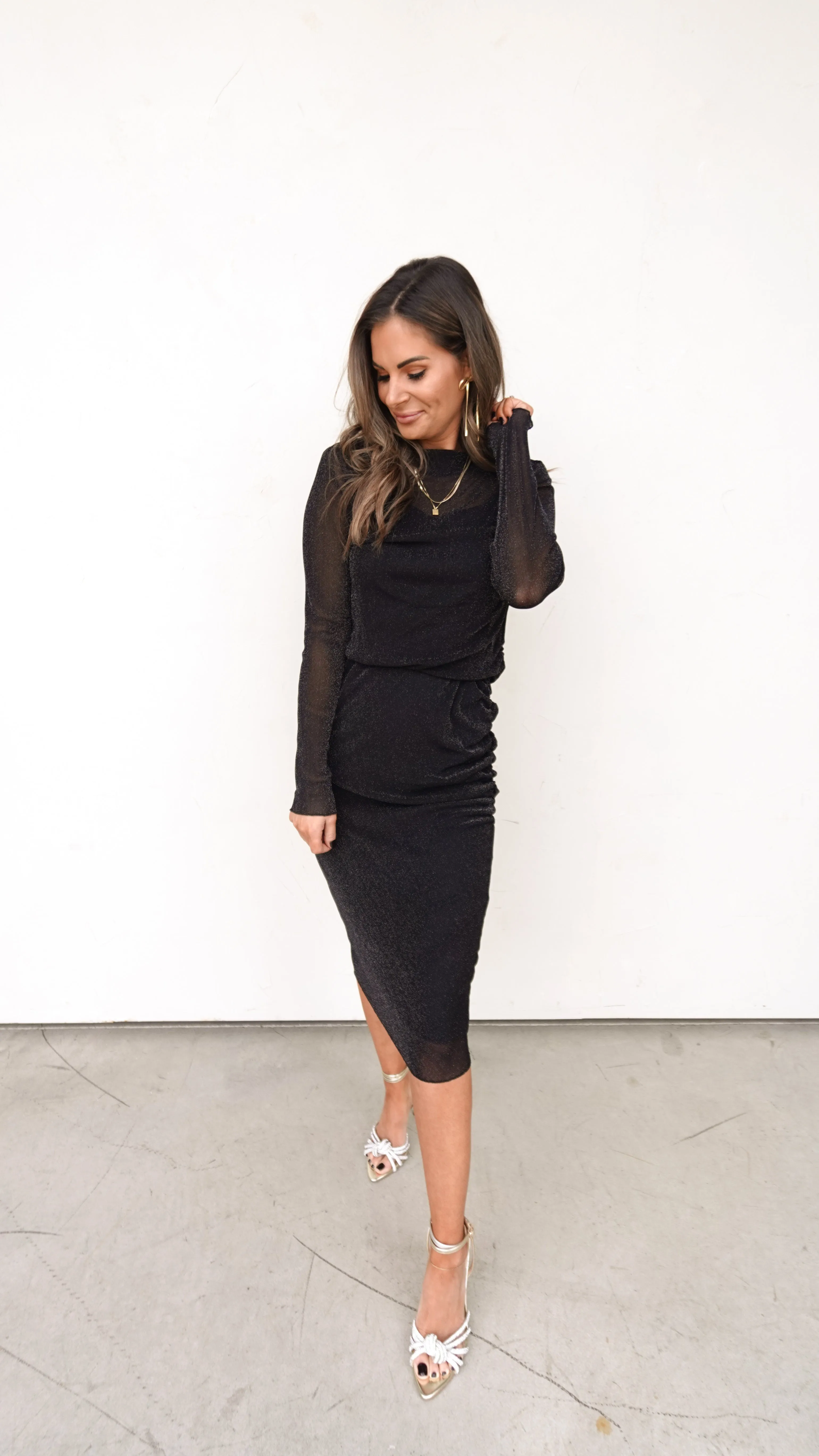 Black Shimmer Mesh Midi Dress