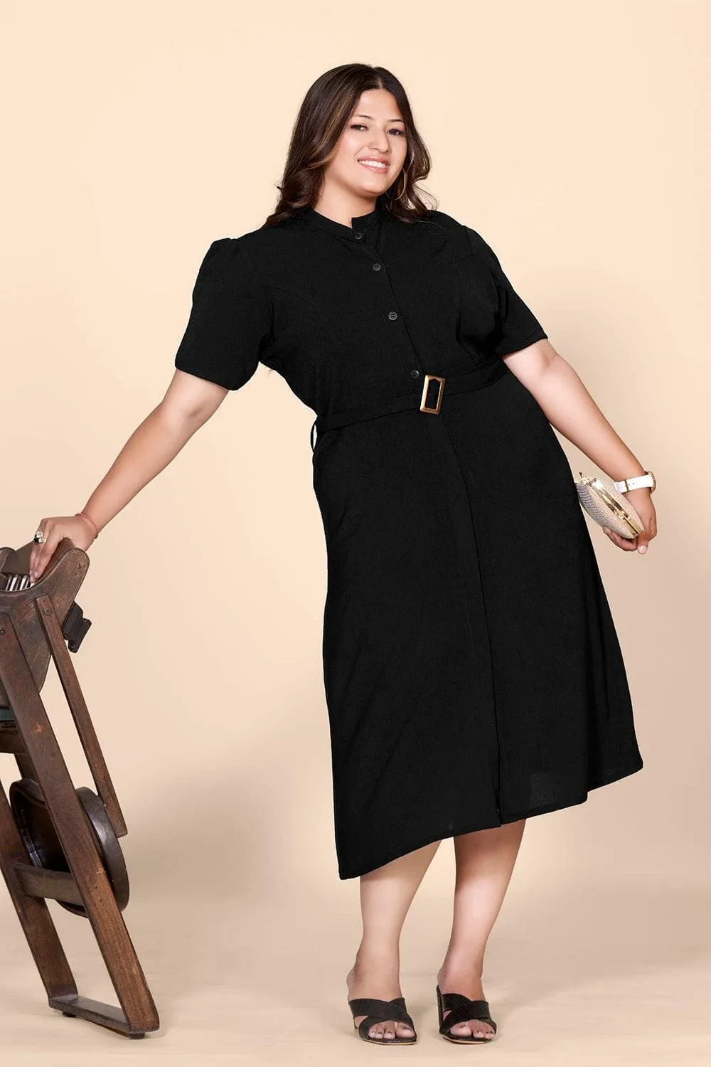 Black Straight Shirt Dress with Belt