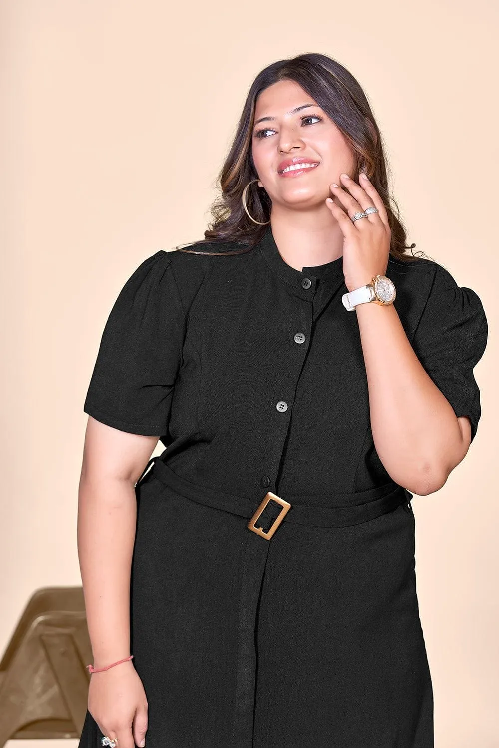 Black Straight Shirt Dress with Belt