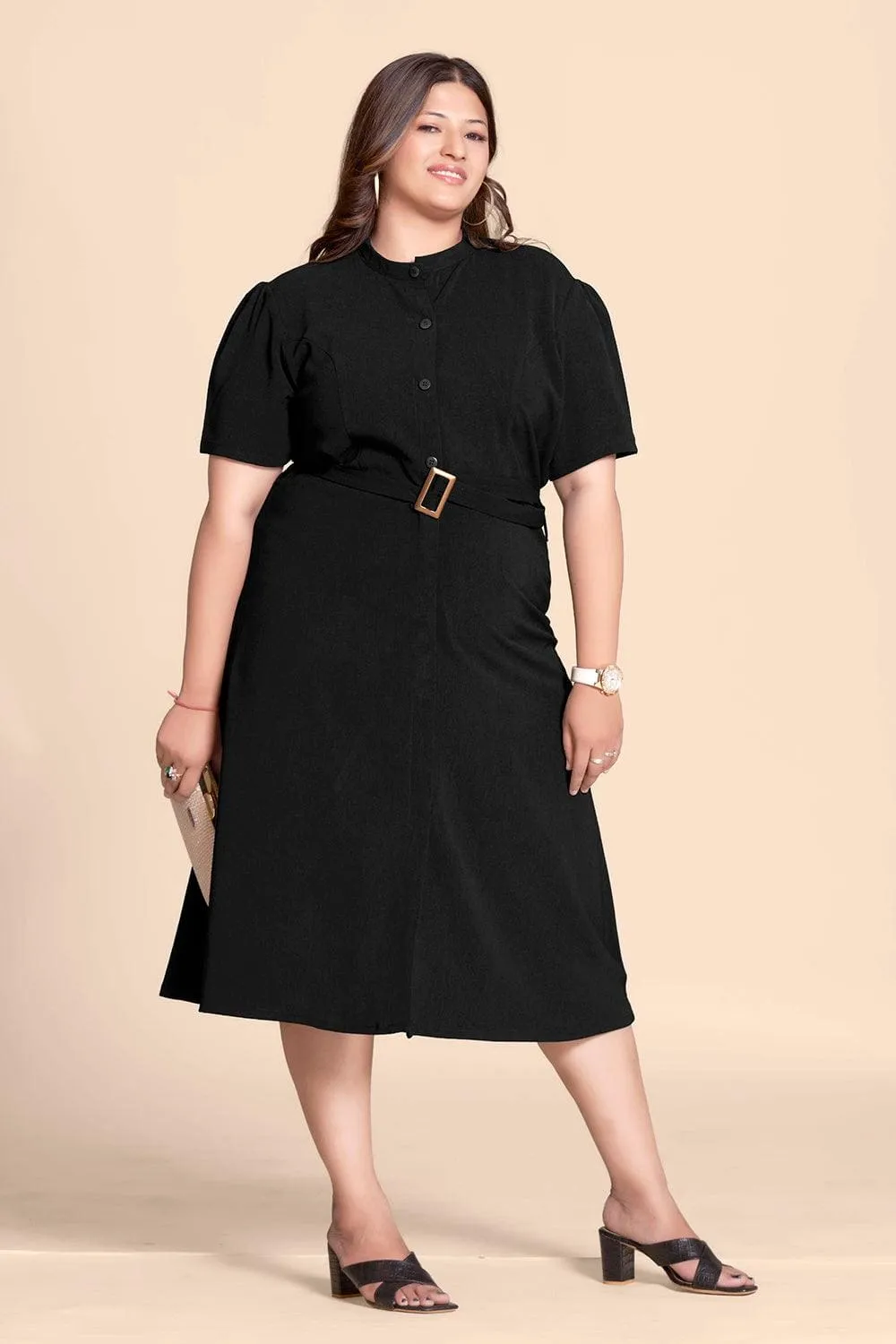 Black Straight Shirt Dress with Belt