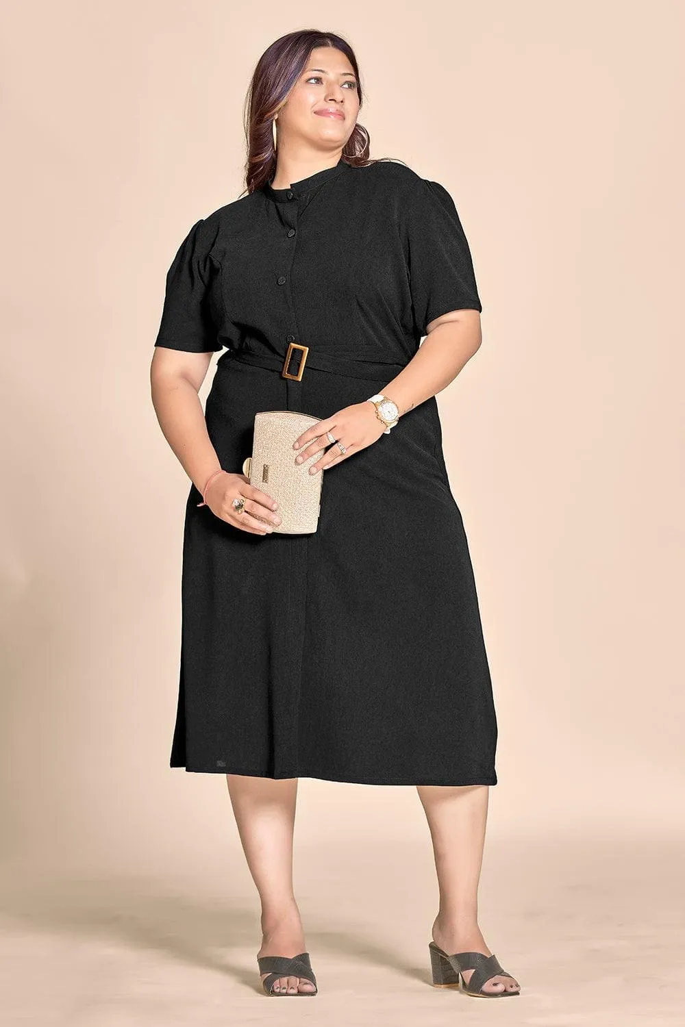 Black Straight Shirt Dress with Belt