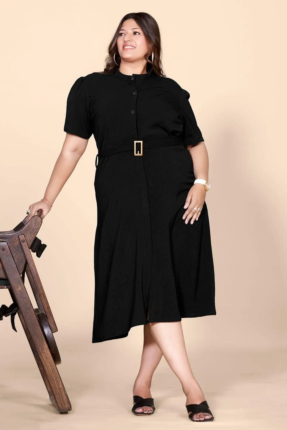 Black Straight Shirt Dress with Belt