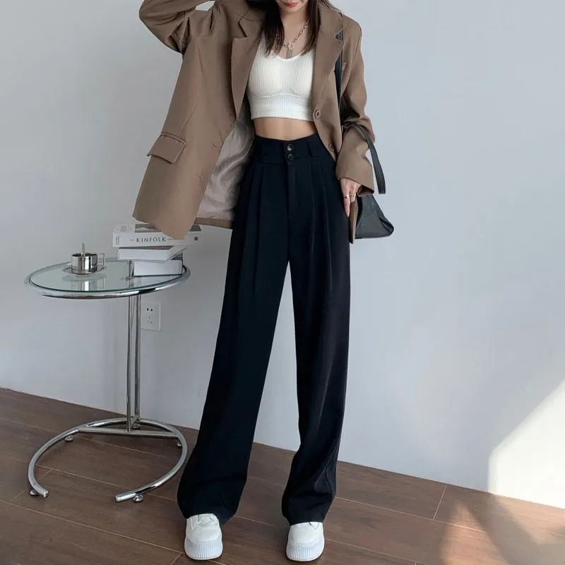 Black suit pants for women with wide buttons