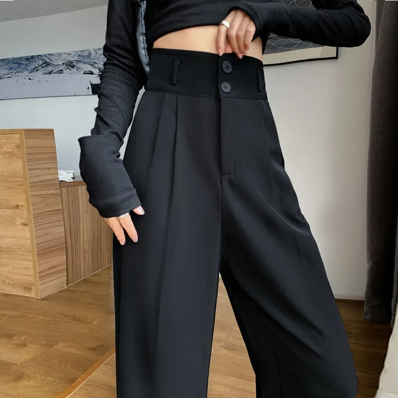 Black suit pants for women with wide buttons