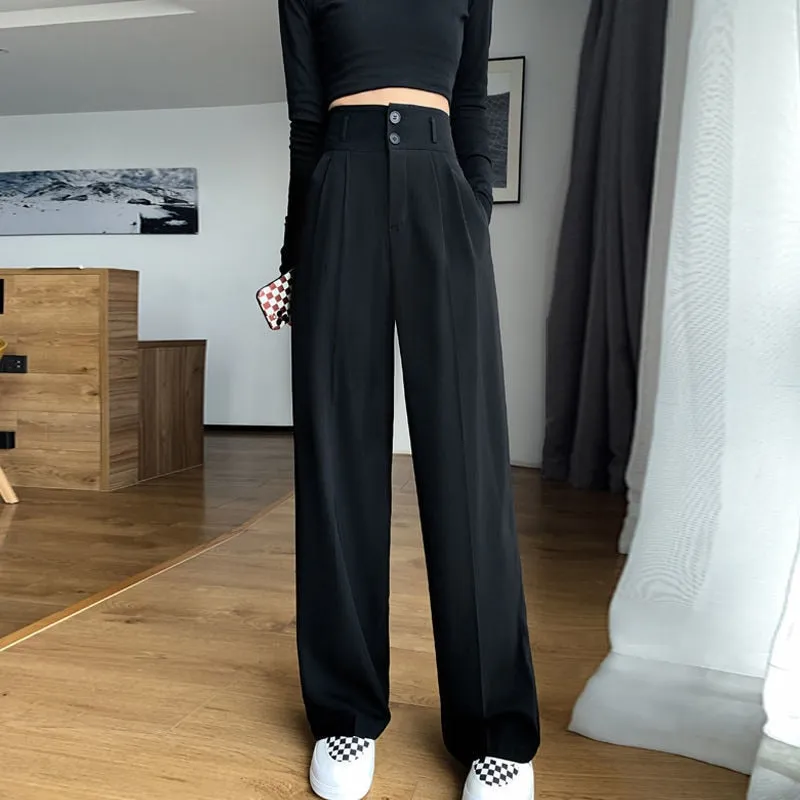 Black suit pants for women with wide buttons