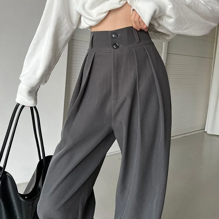 Black suit pants for women with wide buttons