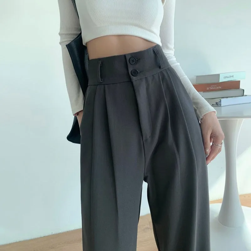 Black suit pants for women with wide buttons