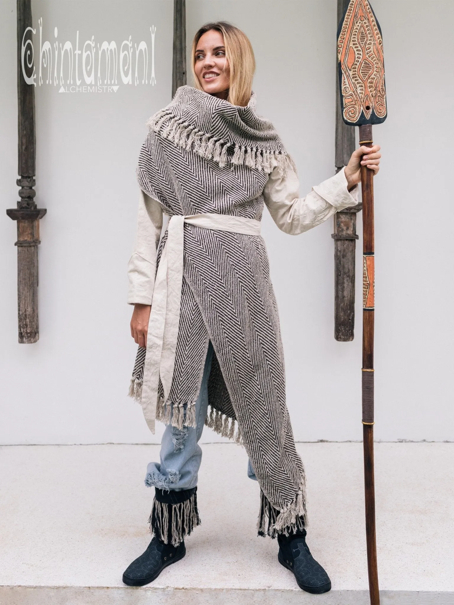 Blanket Coat for Women ∆ One Size Boho Cardigan Duster / Black & White