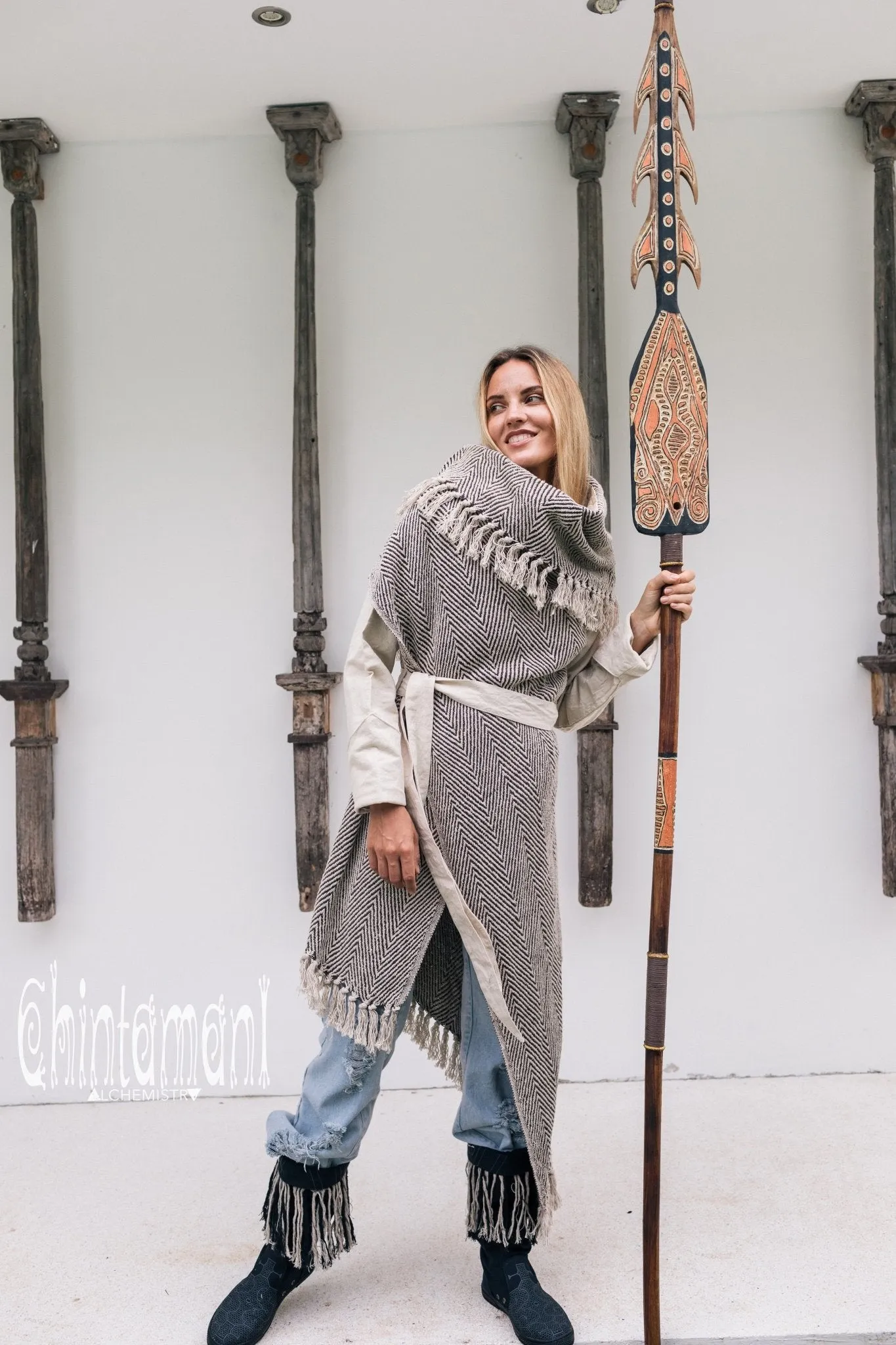 Blanket Coat for Women ∆ One Size Boho Cardigan Duster / Black & White