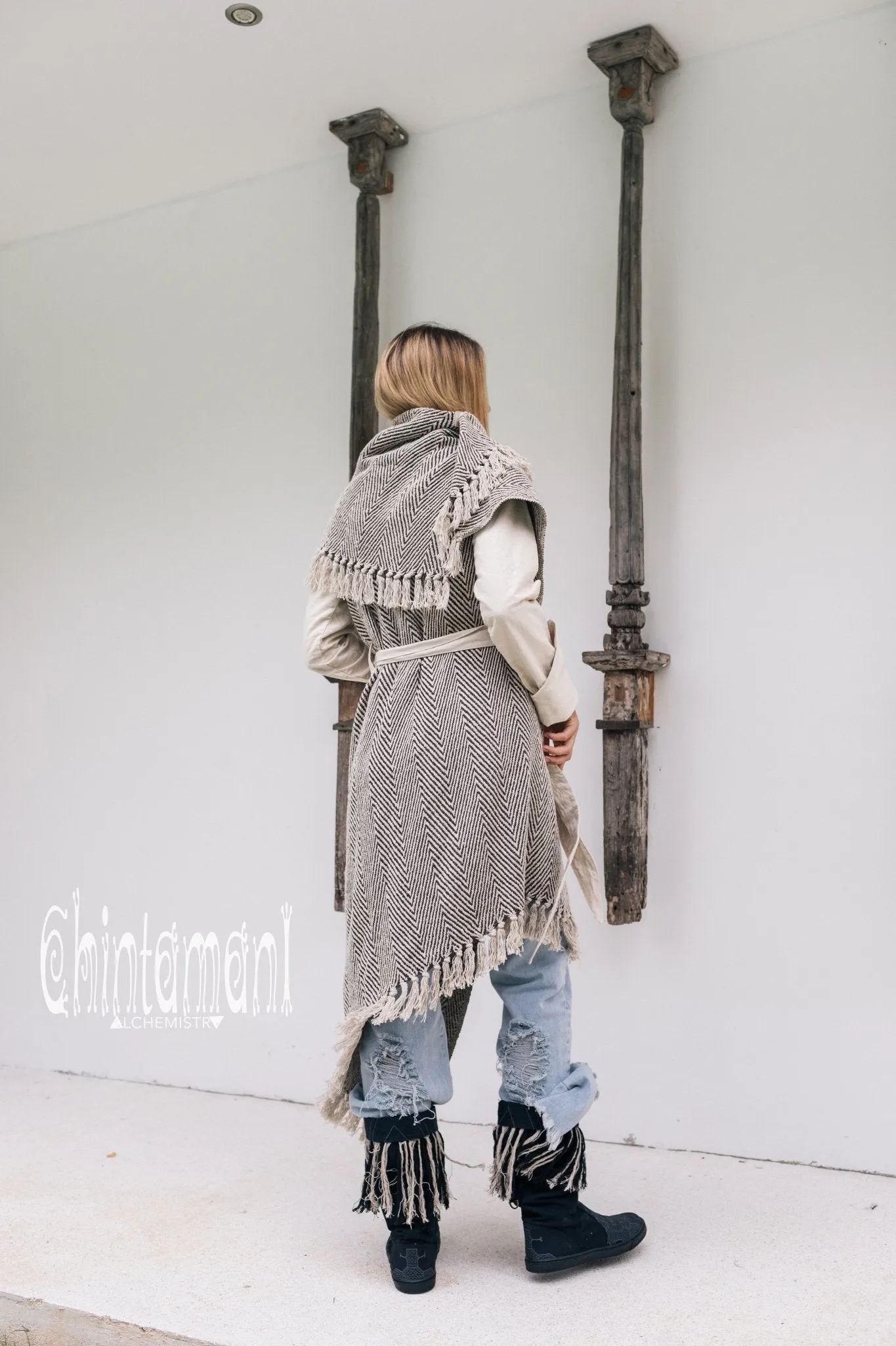 Blanket Coat for Women ∆ One Size Boho Cardigan Duster / Black & White