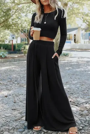 Boho Black 2 pc Crop Top and Flowy Wide Leg Pants Set