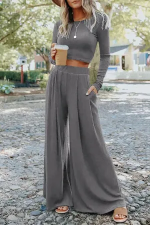 Boho Grey 2pc Crop Top and Flowy Wide Leg Pants Set