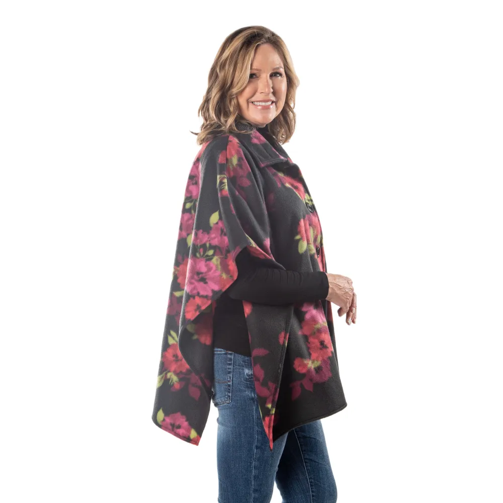 Bridget High Neck 4 Button Floral Fleece Cozy Coat Cape