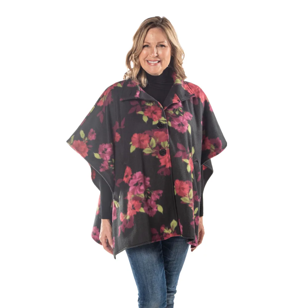 Bridget High Neck 4 Button Floral Fleece Cozy Coat Cape