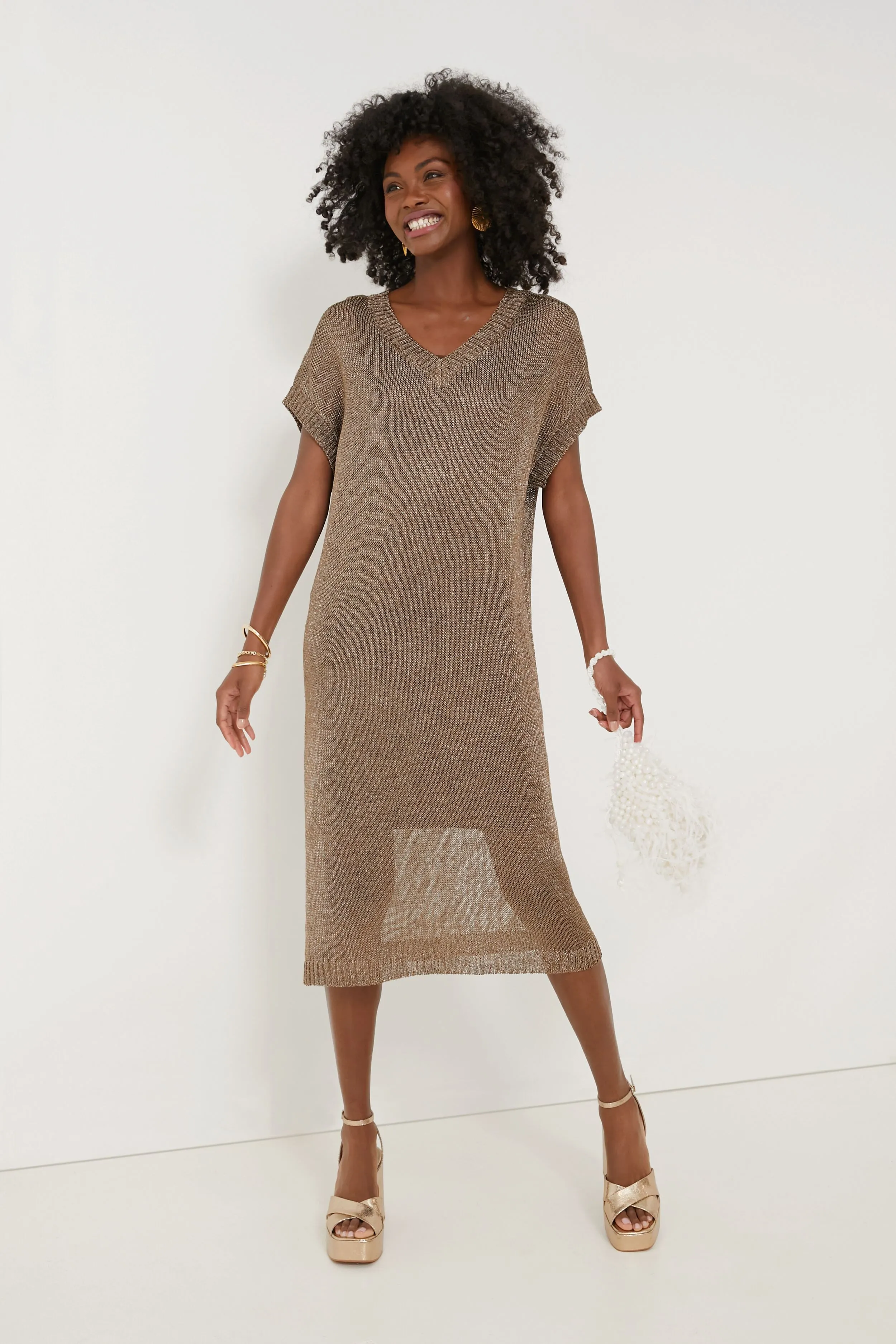 Bronze Metallic Knit Indie Dress