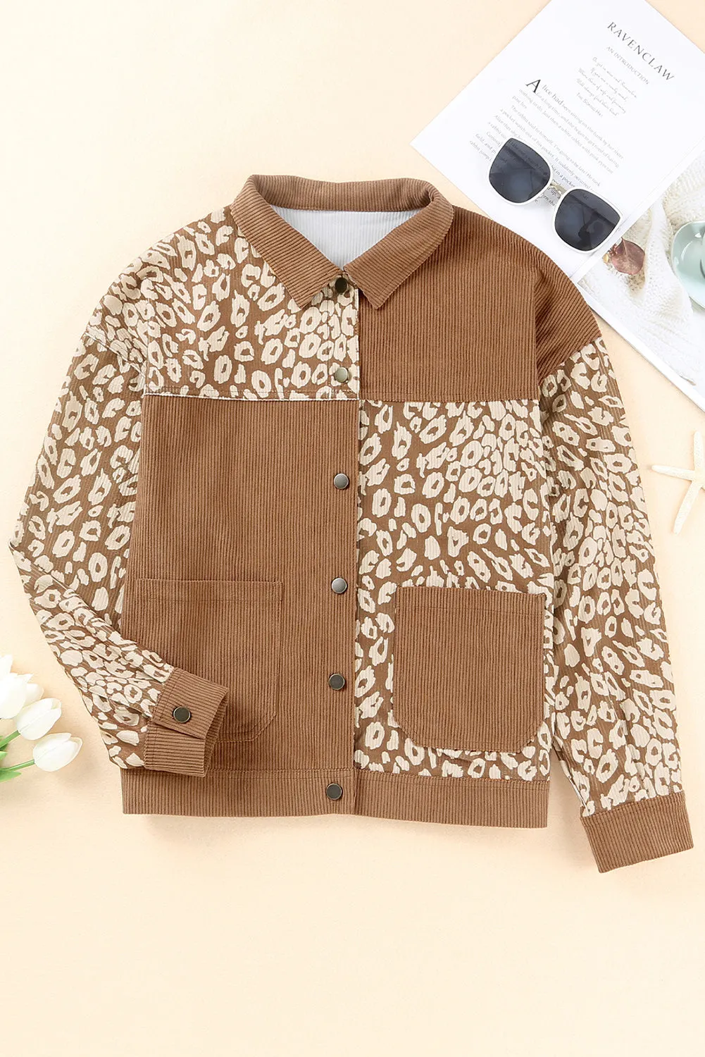 Brown Leopard Print Pocket Corduroy Jacket