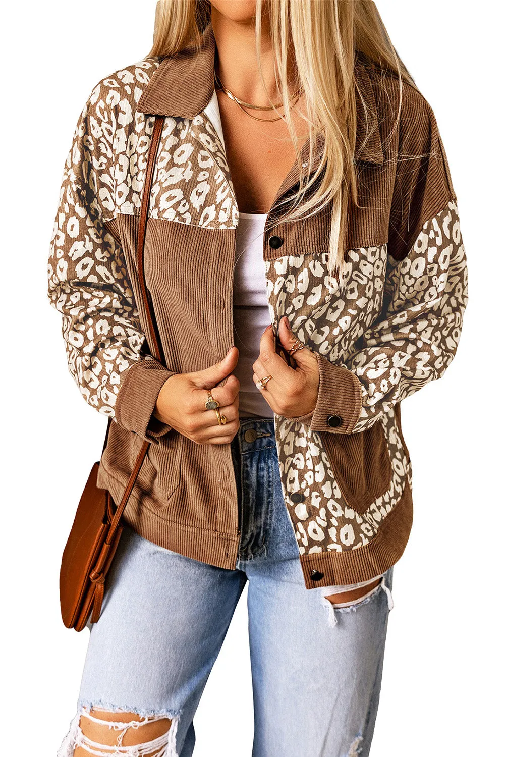 Brown Leopard Print Pocket Corduroy Jacket