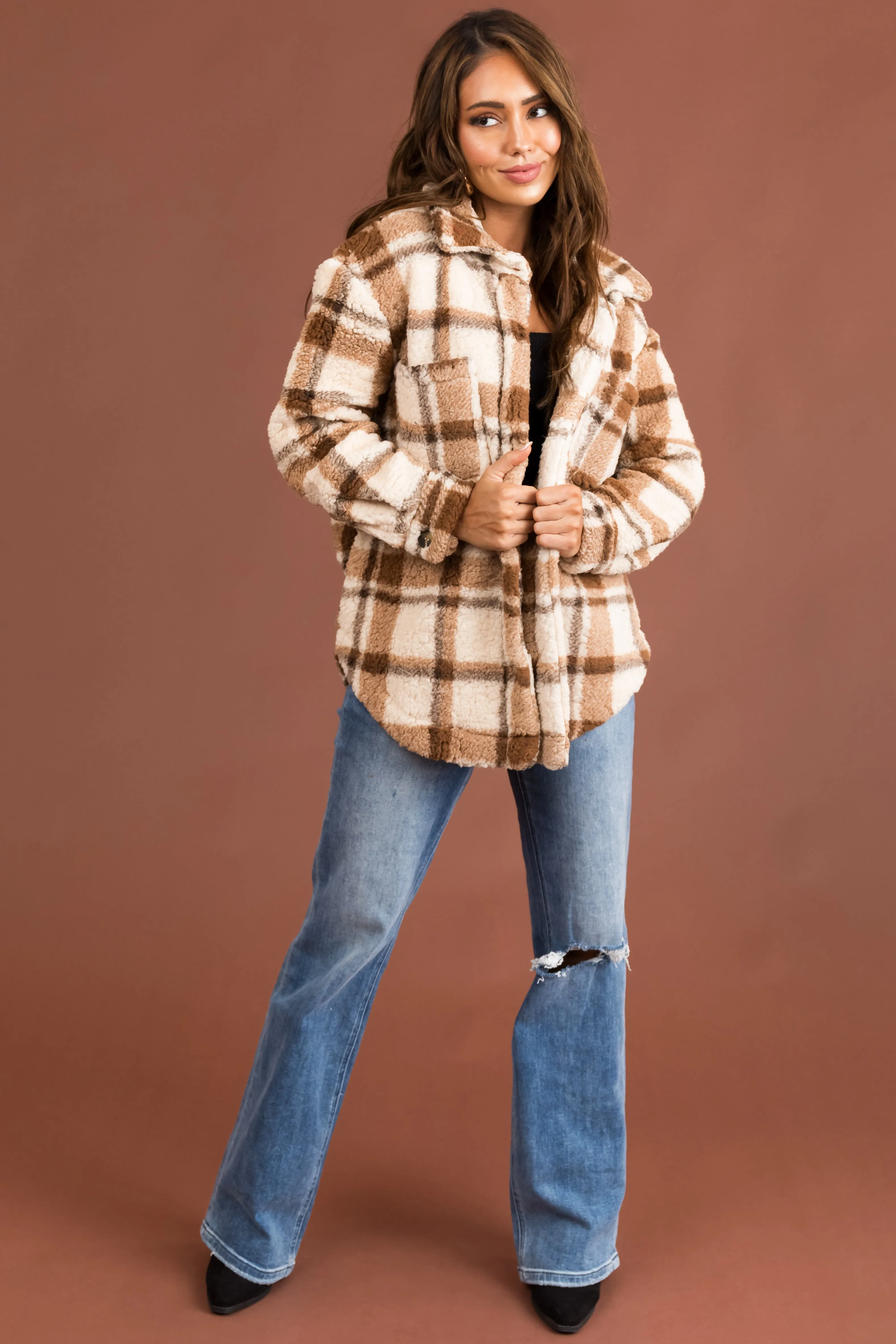 Brown Sugar Plaid Sherpa Button Down Shacket