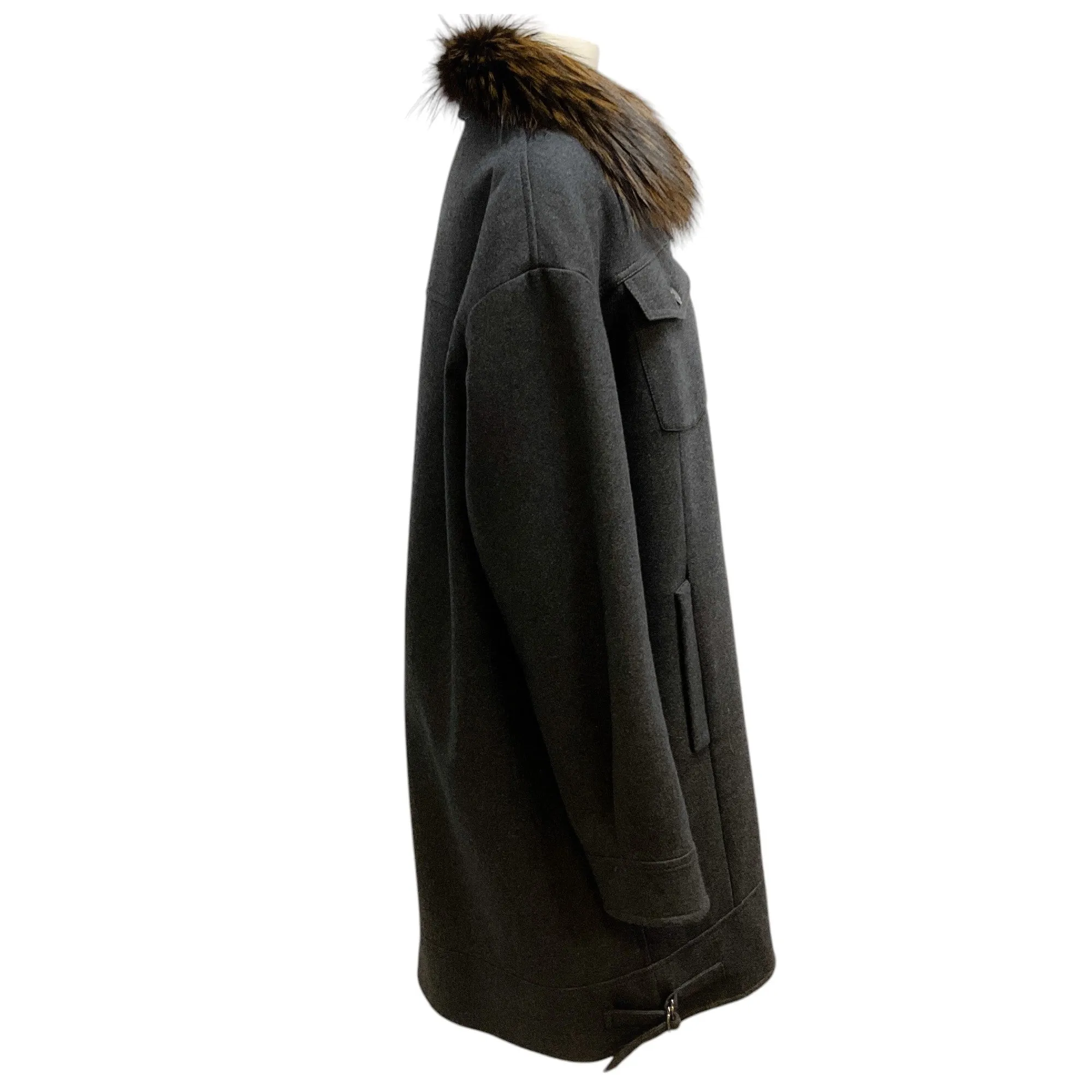 Brunello Cucinelli Charcoal Grey Fox Fur Collar Wool Coat